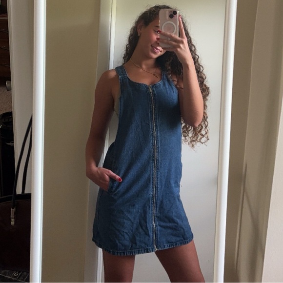 Valleygirl Dresses & Skirts - Vintage Y2K Valleygirl Denim Zip Front Overalls Mini Dress in Classic Blue Jean